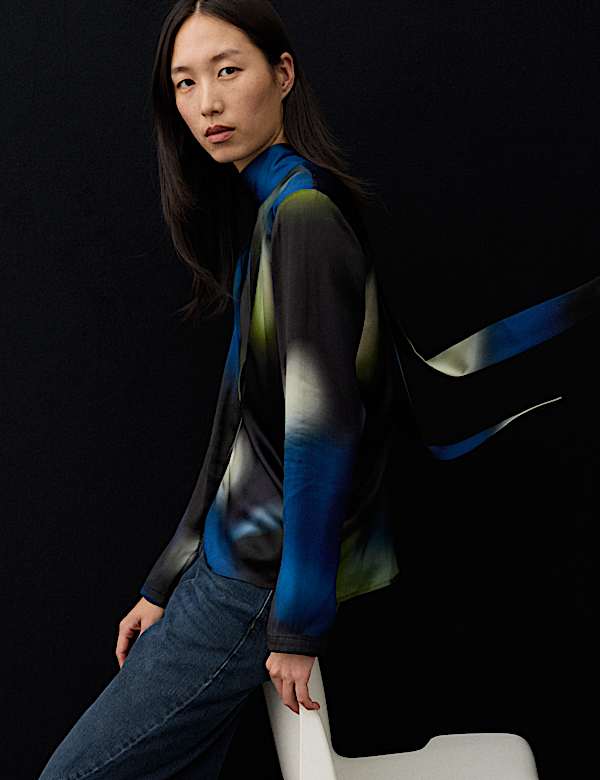 Satin Printed High Neck Tie Detail Blouse - AL