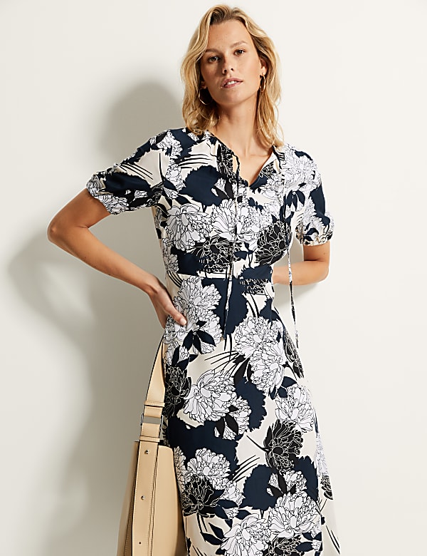 Cupro Rich Floral Tie Neck Midaxi Tea Dress