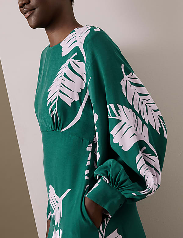 Cupro Rich Leaf Print Waisted Midaxi Dress