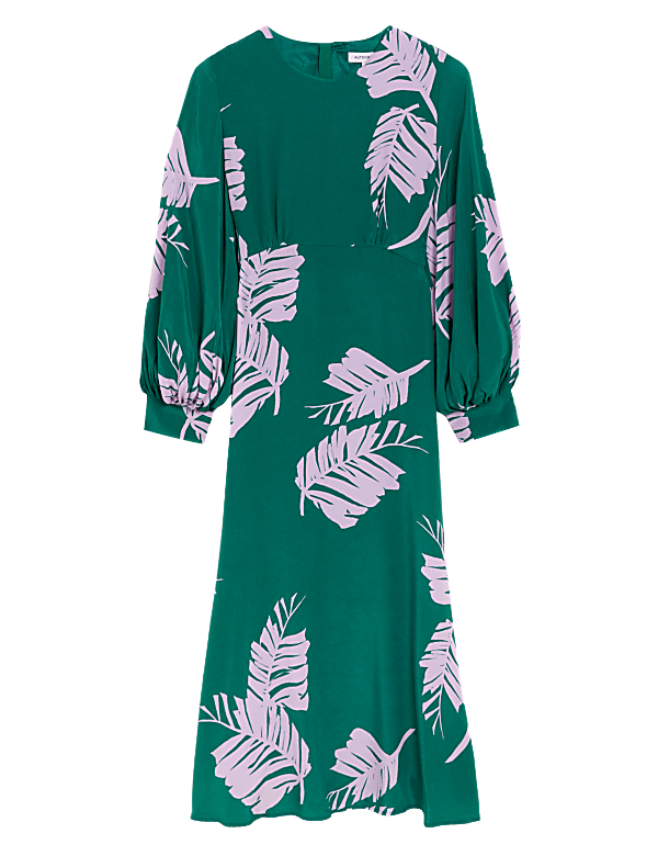 Cupro Rich Leaf Print Waisted Midaxi Dress