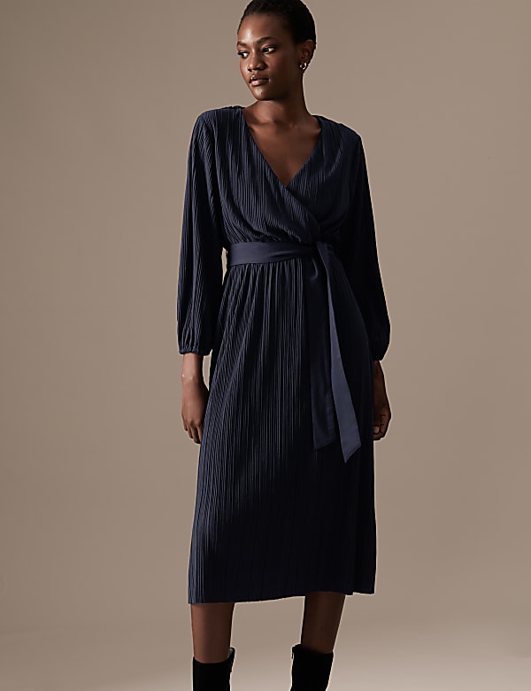 Jersey Plisse V-Neck Midi Wrap Dress