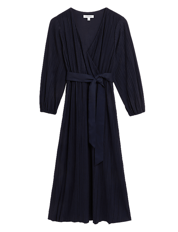 Jersey Plisse V-Neck Midi Wrap Dress