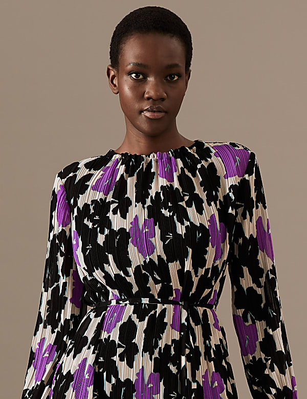 Plisse Printed High Neck Midaxi Smock Dress