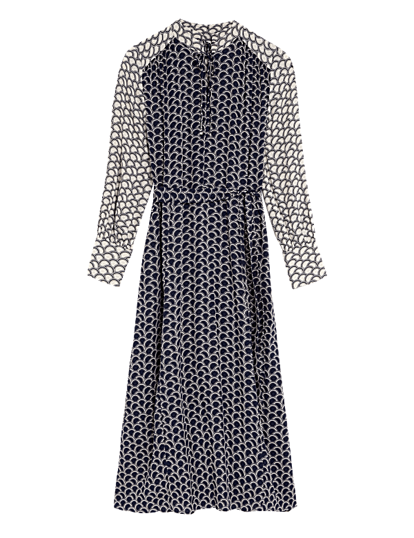 Printed Tie Neck Midaxi Waisted Dress