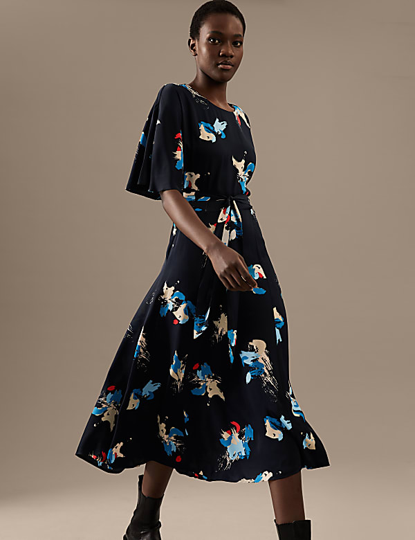 Buy Printed Angel Sleeve Midi Waisted Dress at Marks Spencer