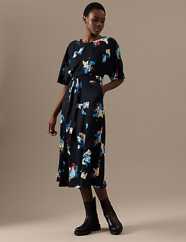 Printed Angel Sleeve Midi Waisted Dress