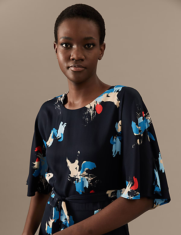 Printed Angel Sleeve Midi Waisted Dress