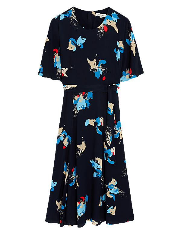 Printed Angel Sleeve Midi Waisted Dress