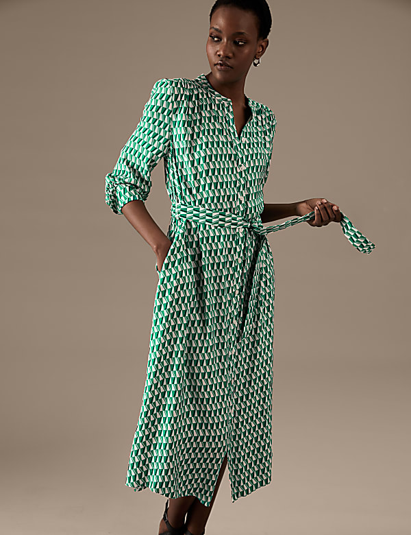 Printed Collarless Midaxi Shirt Dress
