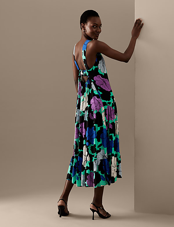 Cupro Rich Printed Square Neck Midaxi Dress