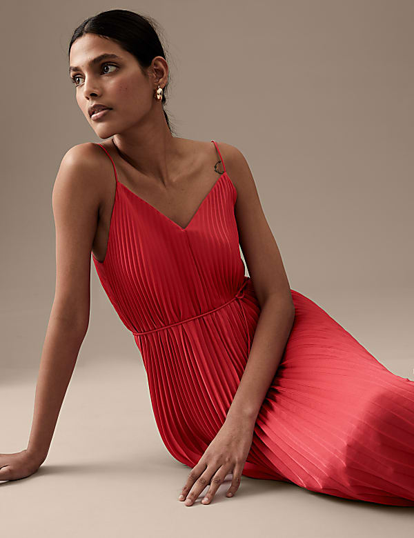 Plisse V-Neck Midi Slip Dress