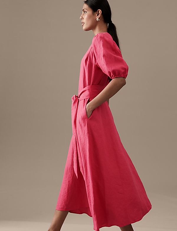 Pure Irish Linen V-Neck Midaxi Waisted Dress