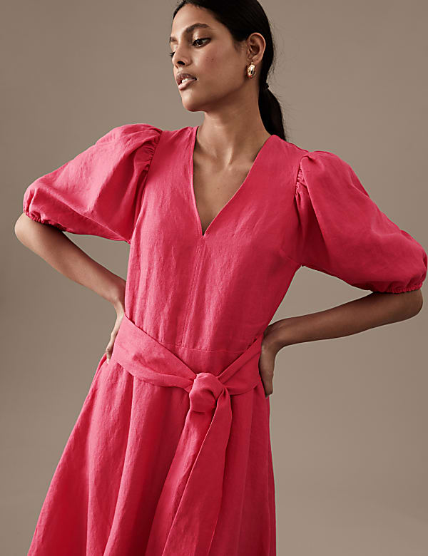 Pure Irish Linen V-Neck Midaxi Waisted Dress