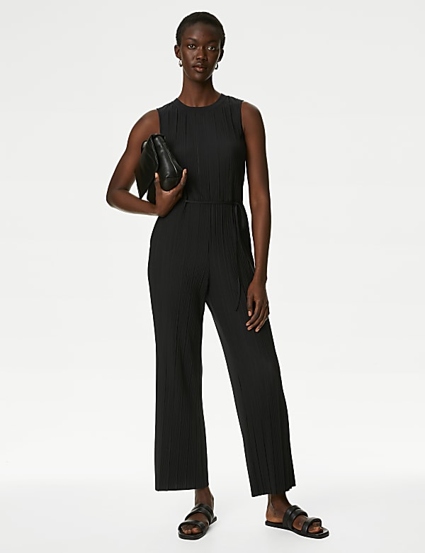 Jersey Belted Sleeveless Jumpsuit BLACK Jumpsuits M S GR