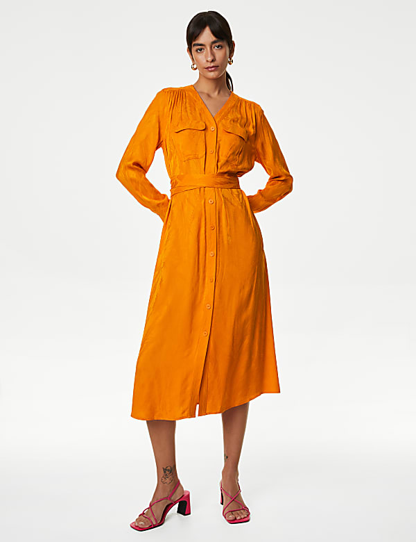 Robe midi style chemise à col V et motif fleuri façon jacquard - LU