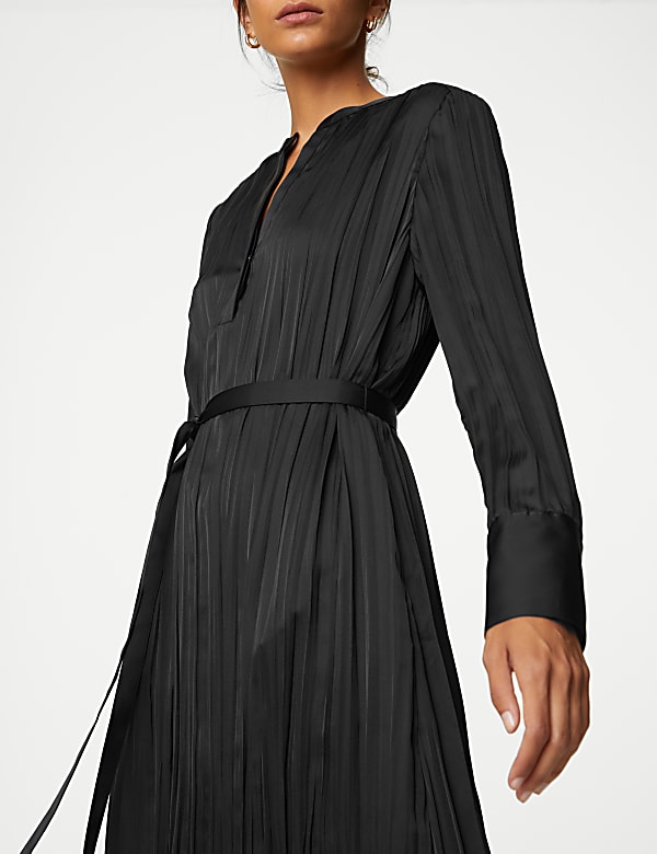 Satin Plisse Notch Neck Midaxi Shirt Dress