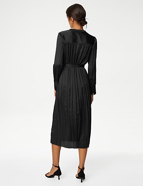 Satin Plisse Notch Neck Midaxi Shirt Dress