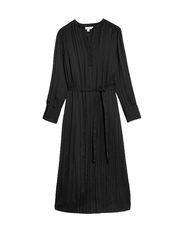 Satin Plisse Notch Neck Midaxi Shirt Dress