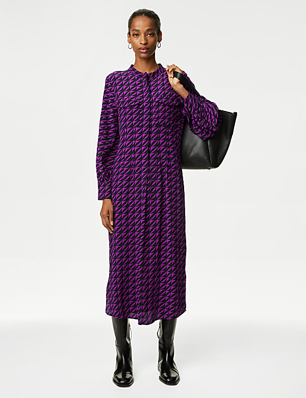Printed Funnel Neck Midi Shirt Dress