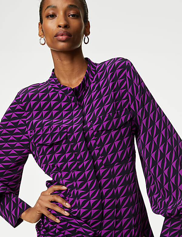 Printed Funnel Neck Midi Shirt Dress