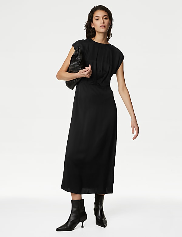 Satin Round Neck Midaxi Waisted Dress