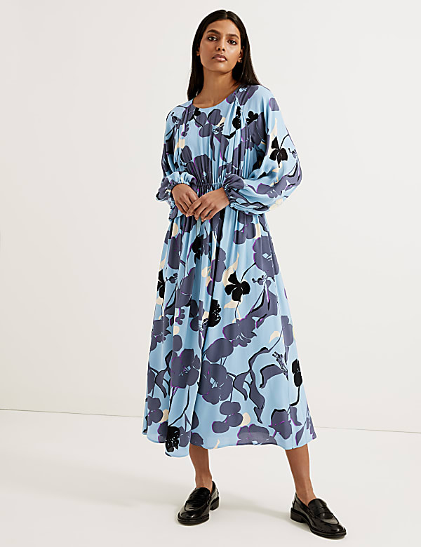 Floral Round Neck Midaxi Waisted Dress