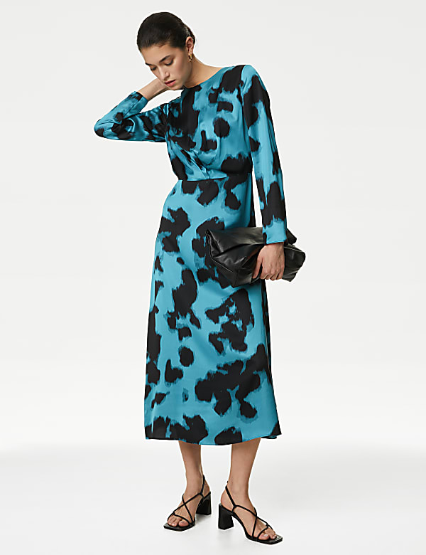 Satin Printed Midaxi Waisted Dress