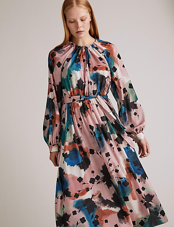 Abstract Floral Midaxi Waisted Dress