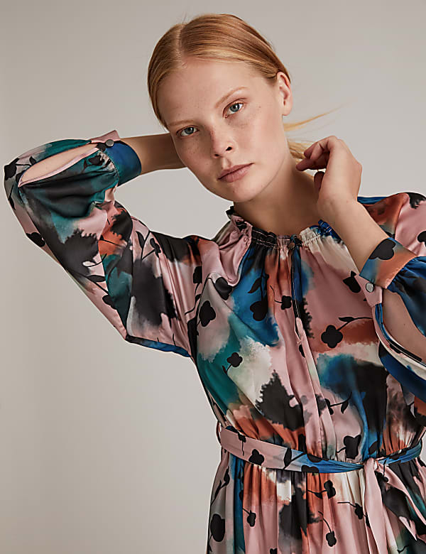 Abstract Floral Midaxi Waisted Dress