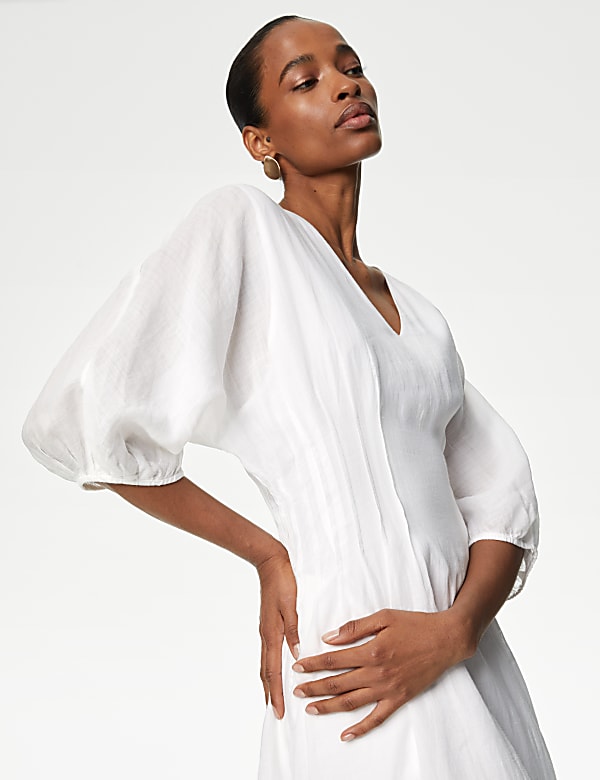 V Neck Pleat Detail Midaxi Waisted Dress IVORY Dresses M S MV