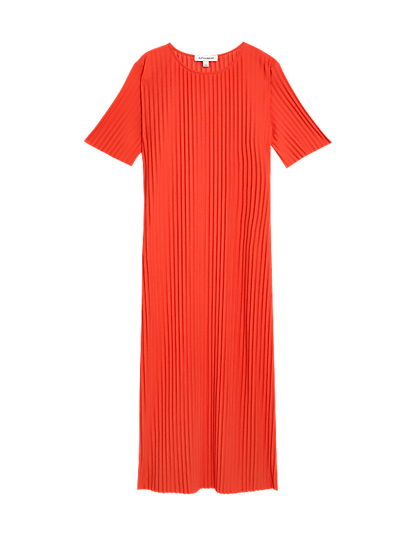 Plisse Round Neck Midi T-Shirt Dress