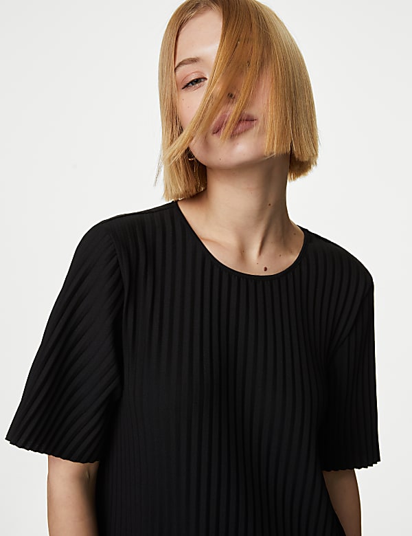 Plisse Round Neck Midi T-Shirt Dress