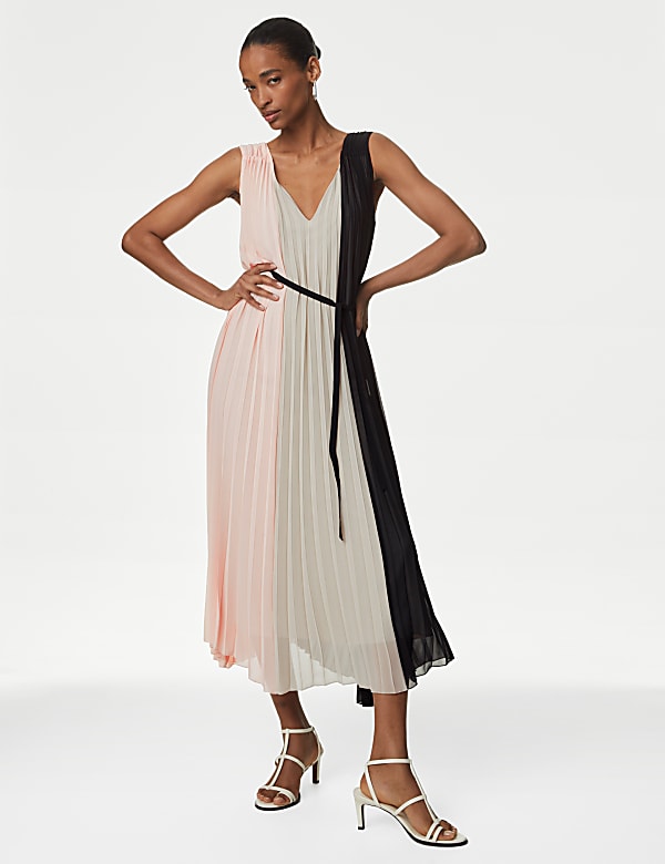 Colour Block Pleated Midaxi Smock Dress - JE