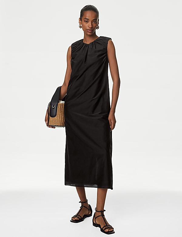 Robe midi coupe droite soie melangee a encolure ronde BLACK Robes M S BE