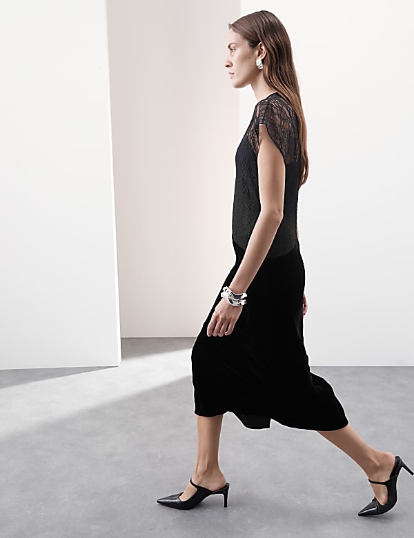 Velvet Lace Midi Column Dress with Silk - MX