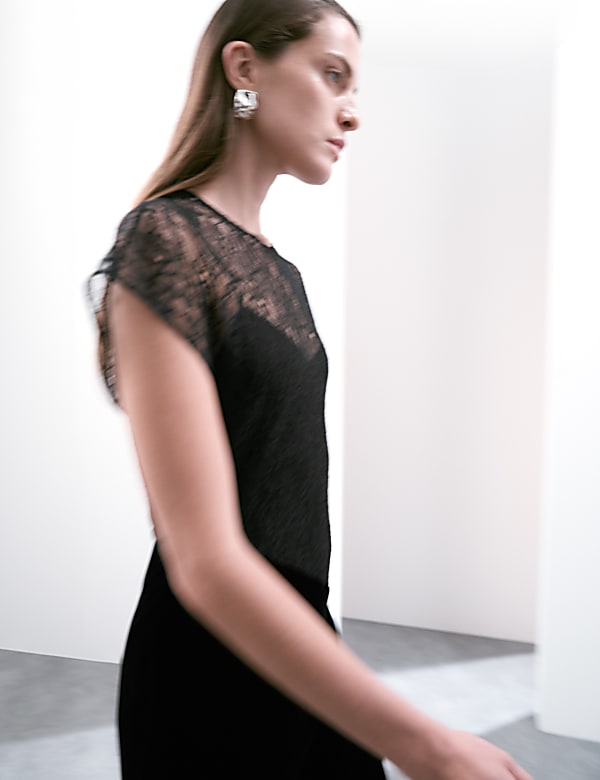 Velvet Lace Midi Column Dress with Silk - MX