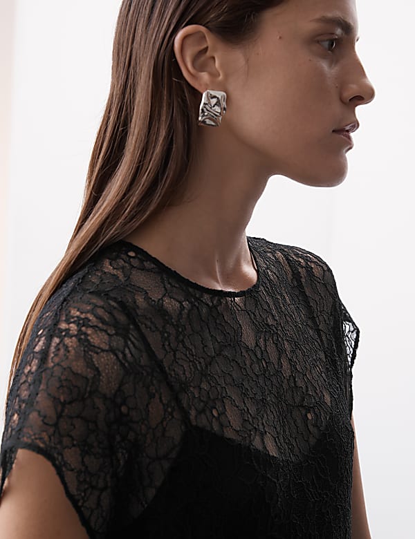 Velvet Lace Midi Column Dress with Silk - MX