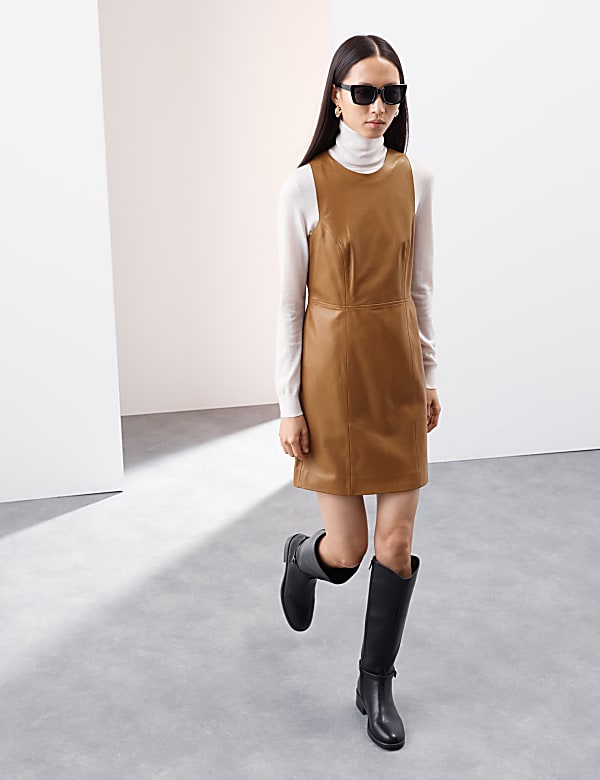 Leather Mini Shift Dress CARAMEL Dresses M S SG