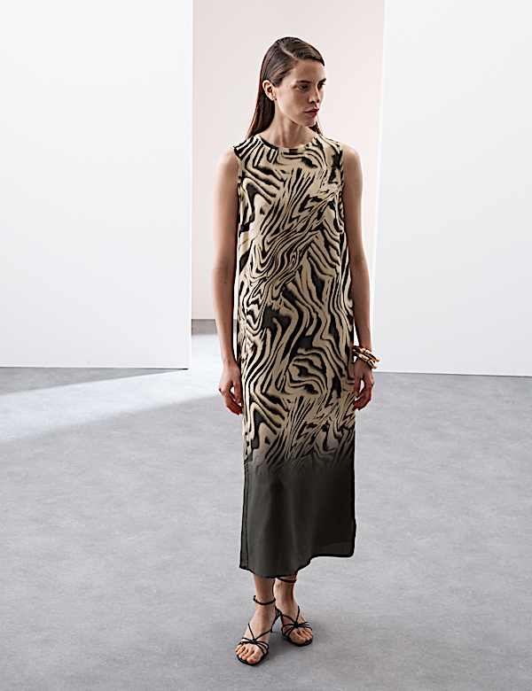 Animal Print Round Neck Midi Column Dress - NL