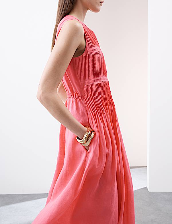 Pure Ramie Round Neck Pintuck Midi Shirred Dress - BE
