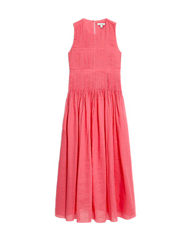 Pure Ramie Round Neck Pintuck Midi Shirred Dress