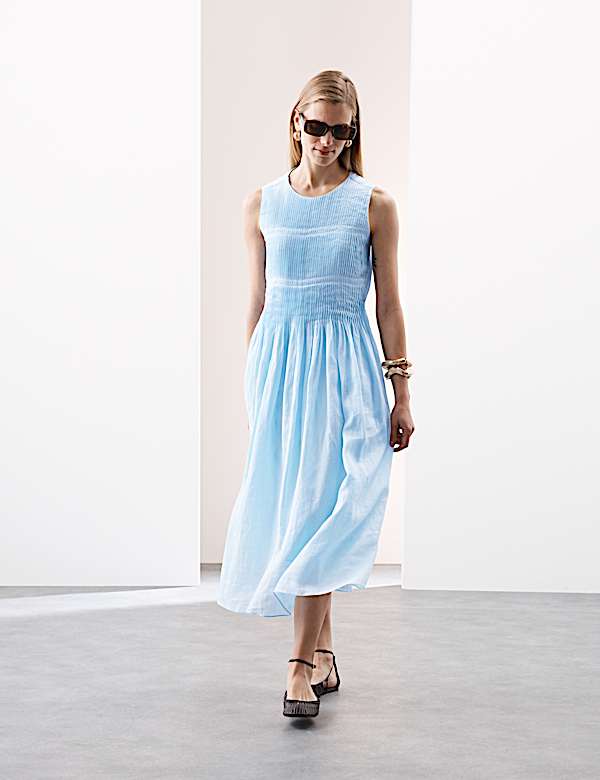 Pure Ramie Round Neck Pintuck Midi Shirred Dress
