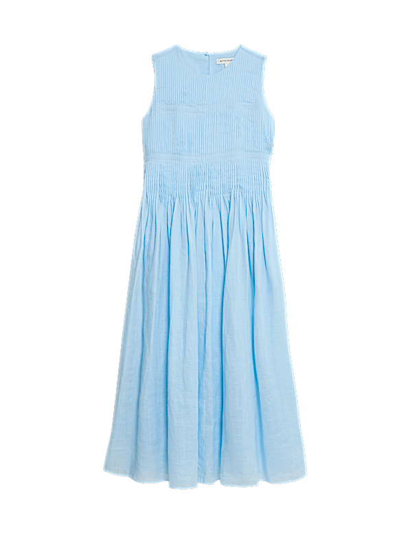 Pure Ramie Round Neck Pintuck Midi Shirred Dress