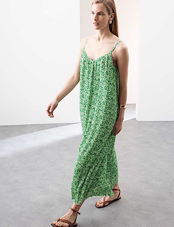 Plisse Printed V-Neck Midaxi Cami Dress