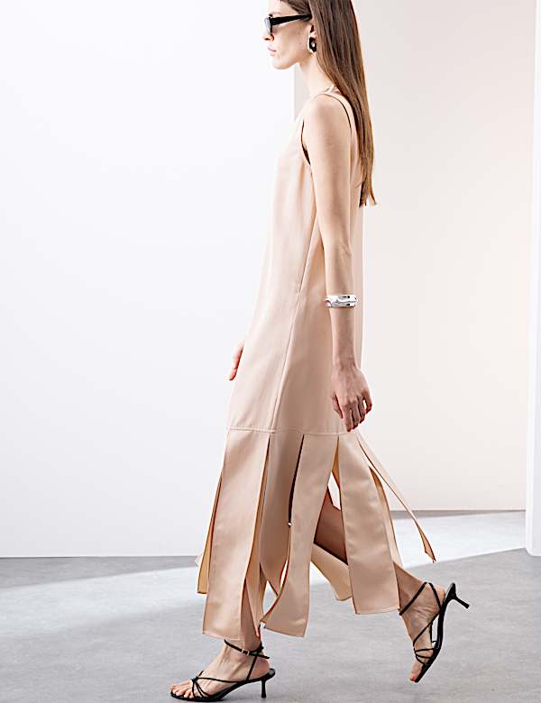 Satin Scoop Neck Tassel Midi Dress - RS