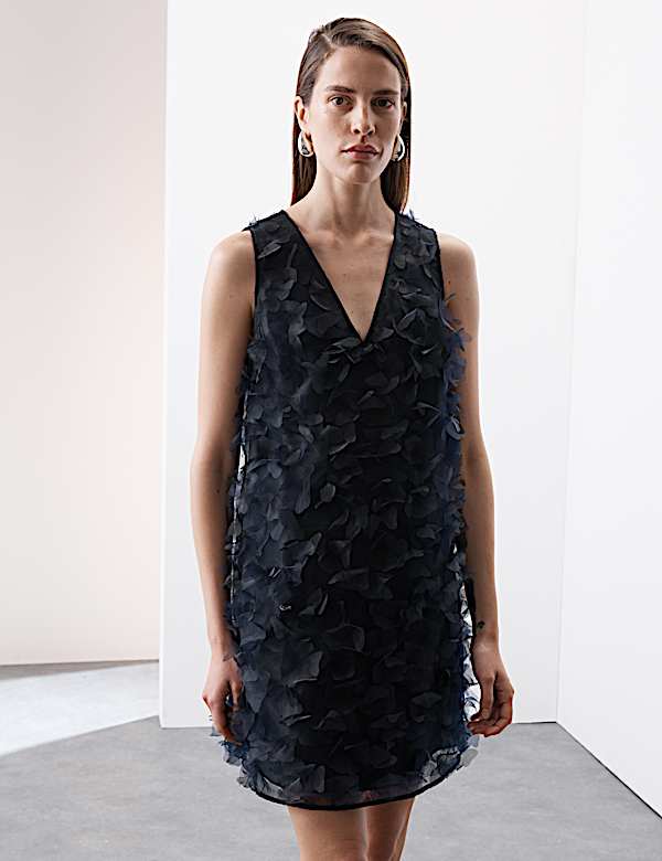 Organza Floral V-Neck Mini Shift Dress - GR