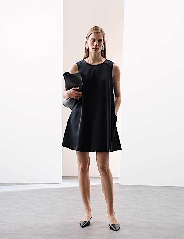 Satin Round Neck Mini Shift Dress - JO