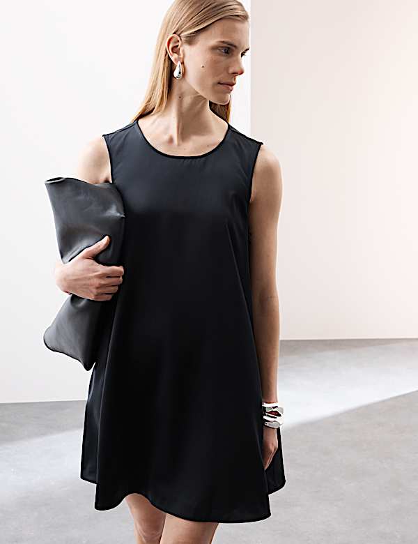 Satin Round Neck Mini Shift Dress - JO