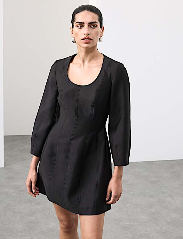 Scoop Neck Mini Waisted Dress With Wool