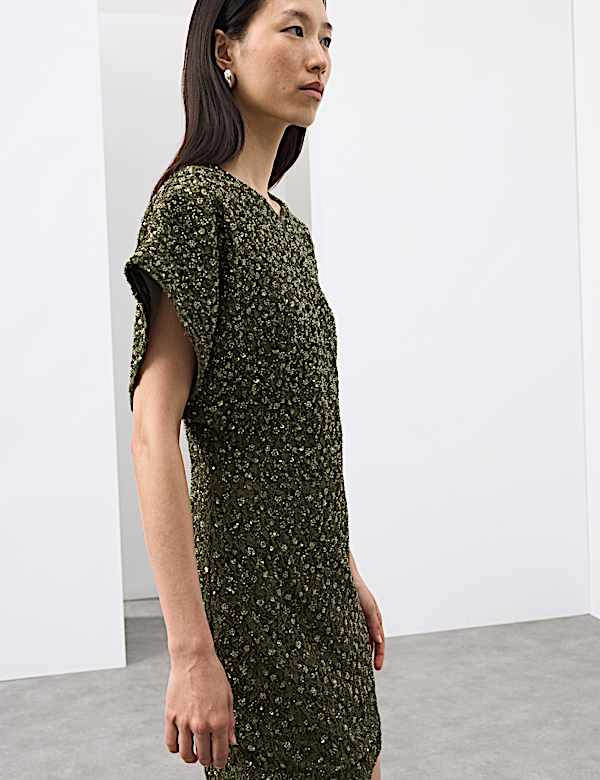 Beaded V-Neck Mini Fitted Shift Dress